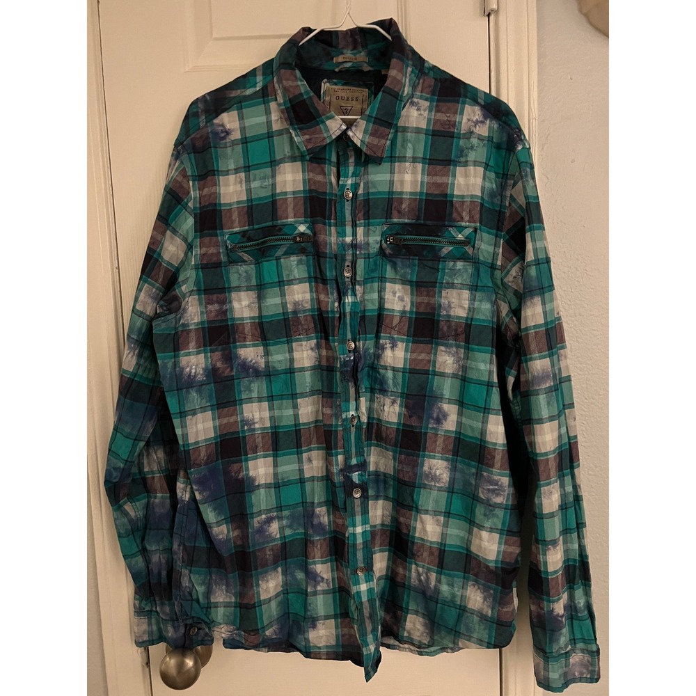 Guess Dillion Plaid Shirt Men XL Cotton Slim Fit Long Sleeve Tie Die Button Blue